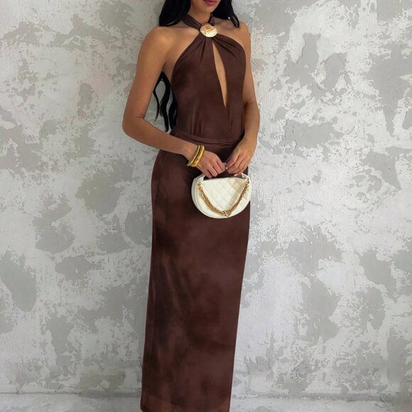 Coffee Brown Sexy Women's Sleeveless Shell Decor Backless maxi Dress - Picture 5 of 7